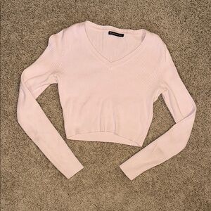 Light Pink Ribbed V-Neck Brandy Melville Tight Sweater Long Sleeve(cropped)